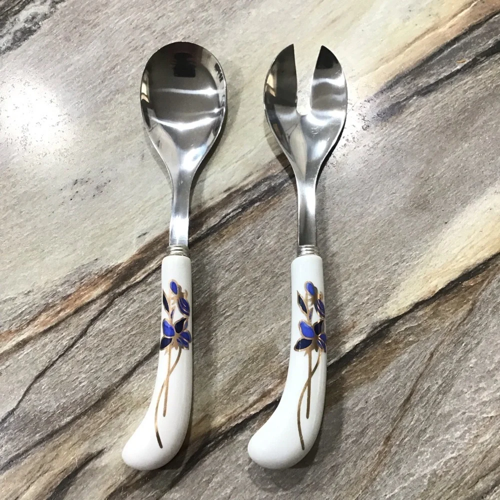 Vintage Salad Serving Set Blue Floral Porcelain Handle Spoon & Fork 8.5” Elegant